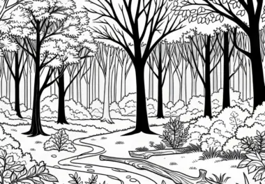 Wald mit Laubbäumen: Malvorlage kostenlos herunterladen