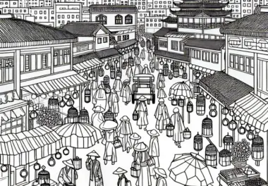Markt in der Stadt: kostenloses Ausmalbild