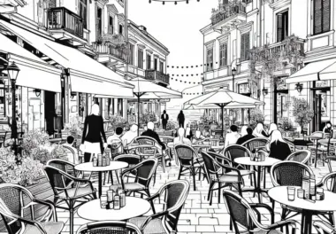 Straßencafé in der Stadt: kostenlose Malvorlage