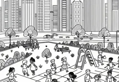 Kinder spielen auf Spielplatz in der Stadt: gratis Malvorlage