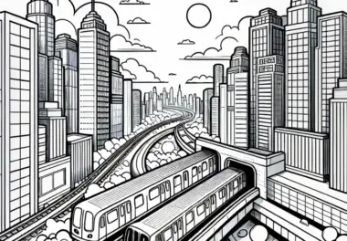U-Bahn fährt aus Tunnel: Stadtmotiv als Ausmalbild