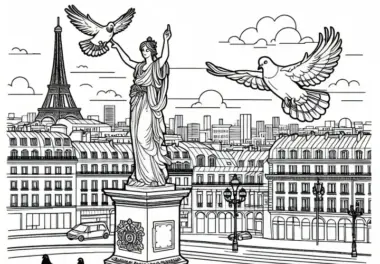Stadt-Ausmalbild mit Statue (kostenlos)