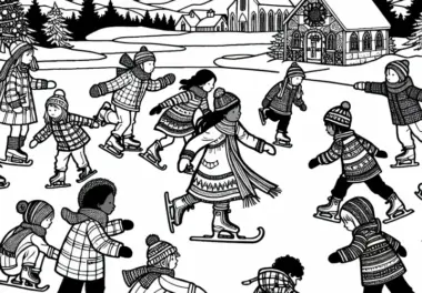 Kinder beim Schlittschuhlaufen auf zugefrorenem See – Adventskalender Ausmalbild kostenlos