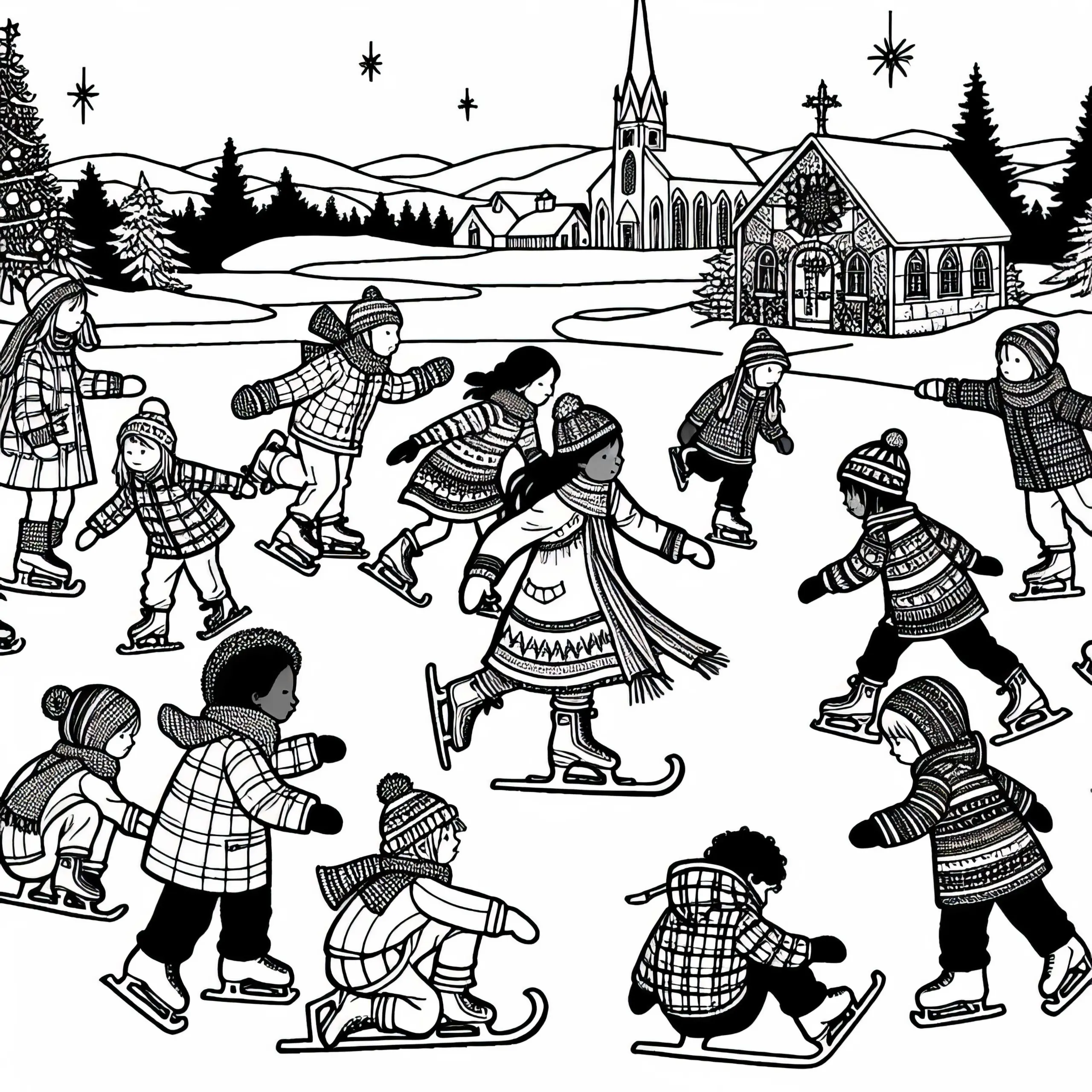 Kinder beim Schlittschuhlaufen auf zugefrorenem See – Adventskalender Ausmalbild kostenlos
