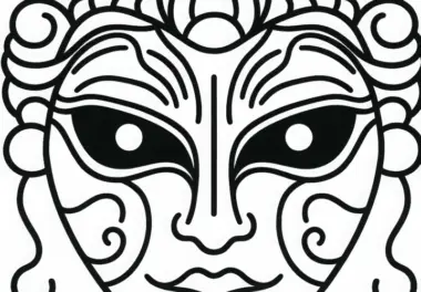 Japanische Theatermaske mit stilisierten Augen: Gratis Malvorlage
