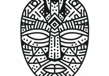Afrikanische Holzmaske mit geometrischen Formen und Stammesmustern: Gratis Ausmalbild