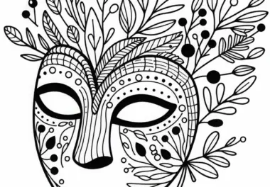 Ausmalbild einer Maske aus Naturmaterialien mit Blättern, Zweigen und Beeren als Deko-Elemente: Gratis Malvorlage