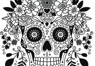 Mexikanische Totenkopfmaske mit Blumen und Ornamenten als Malvorlage (Kostenlos)