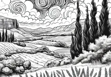 Landschaft mit Zypressen und welligen Feldern: Ausmalbild im Stil von Vincent van Gogh (Kostenlos)