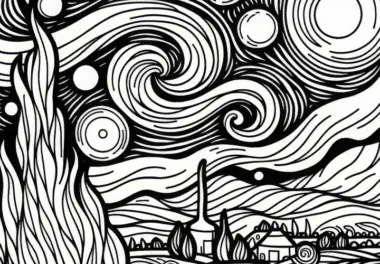 Sternennacht mit wirbelndem Himmel und Mond: Malvorlage Stil Vincent van Gogh (Gratis)