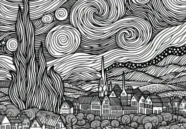 Nachthimmel über Dorf mit geschwungenen Linien im Vincent van Gogh Stil: Gratis Malvorlage