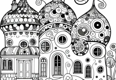 Fantasievolles Haus mit runden Fenstern: Malvorlage im Stil von Friedensreich Hundertwasser (Kostenlos)
