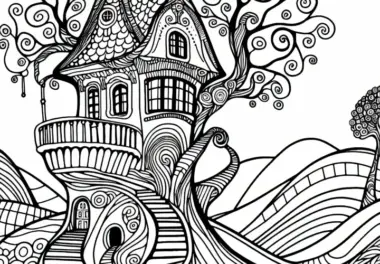 Baumhaus mit verschlungenen Wegen im Stil von Friedensreich Hundertwasser: Kostenloses Ausmalbild
