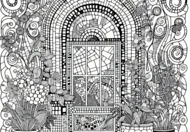 Fenster mit Mosaikflächen: Ausmalbild im Stil von Friedensreich Hundertwasser (Kostenlos)