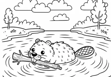 Biber schwimmt mit Ast im Maul durch Fluss: Einfaches Ausmalbild (Gratis)