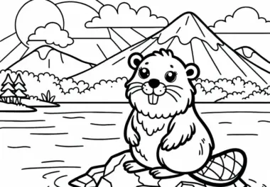 Biber steht auf Felsen im Wasser: Einfaches Ausmalbild (Gratis)