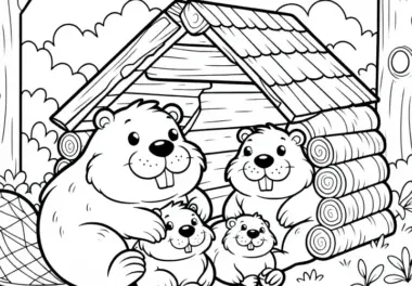 Biberfamilie im Haus: Einfaches Ausmalbild (Gratis)