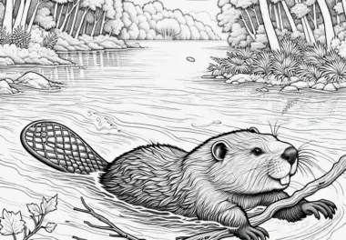 Biber schwimmt mit Ast durch den Fluss: Malvorlage zum Download (Kostenlos)
