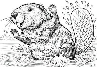 Biber tanzt mit seiner Schwanzflosse im Wasser: Ausmalvorlage kostenlos