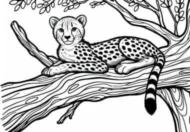 Gepard auf dem Ast eines Baumes: Einfaches Ausmalbild (Gratis)