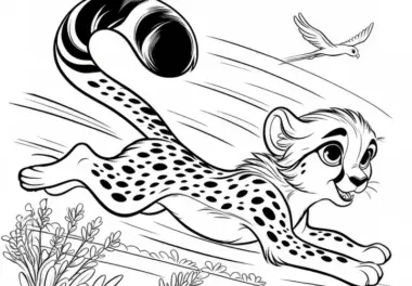 Gepard im Sprint mit Vogel: Einfache Malvorlage (Kostenlos)