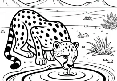 Gepard trinkt aus Wasserloch in der Wüste: Einfaches Ausmalbild (Gratis)