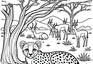 Gepard unter einem Baum mit Antilopen: Malvorlage zum Herunterladen (Kostenlos)