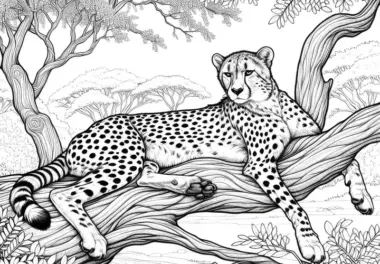 Gepard liegt auf Ast: Kostenloses Ausmalbild