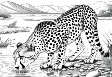 Gepard am Wasserloch in der Wüste: Kostenlose Malvorlage