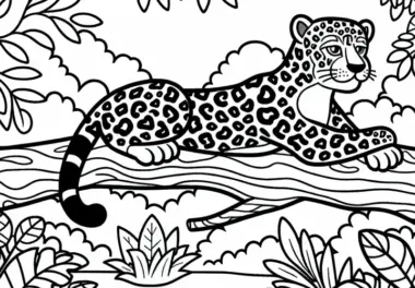 Jaguar auf Ast im Dschungel: Ausmalbild zum Herunterladen (Kostenlos)
