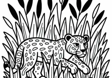 Jaguar schleicht durch hohes Gras: Malvorlage zum Download (Gratis)