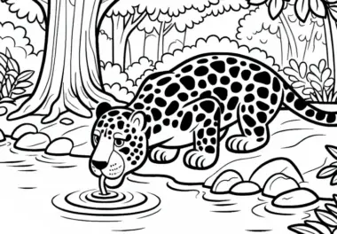 Jaguar trinkt aus Dschungelfluss: Malvorlage zum Herunterladen (Kostenlos)