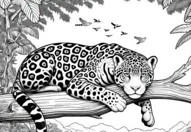 Jaguar liegt entspannt auf Ast: Detailreiche Malvorlage (Kostenlos)