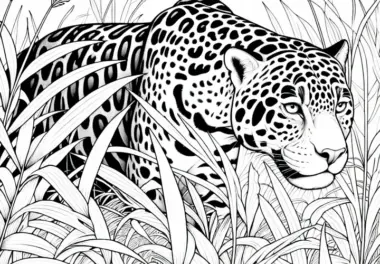Jaguar schleicht durch Gras: Detailreiche Malvorlage (Gratis)