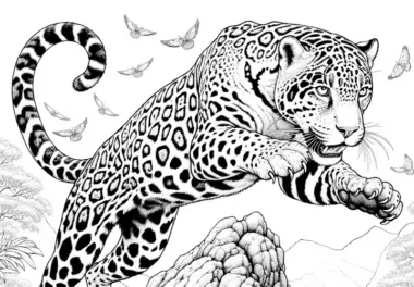 Jaguar springt über Felsen: Ausmalbild in hoher Qualität (Kostenlos)