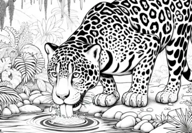 Jaguar trinkt aus Dschungelfluss: Detailreiche Malvorlage (Kostenlos)