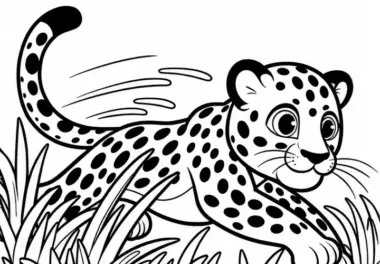 Leopard jagt durch das Gras der Savanne: Ausmalbild zum Herunterladen (Gratis)