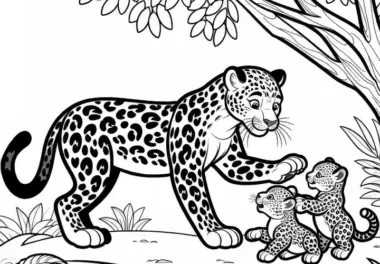 Leopardin spielt mit ihren Jungen unter einem Baum: Kostenloses Ausmalbild