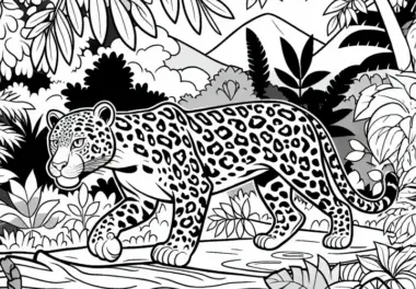 Leopard schleicht durch dichten Dschungel: Ausmalbild zum Download (Kostenlos)
