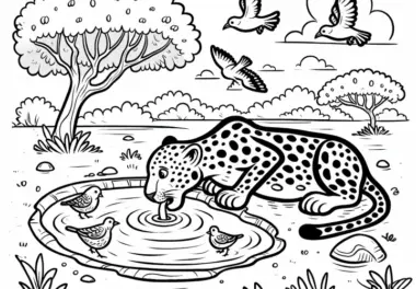 Leopard trinkt an Wasserloch: Kostenloses Ausmalbild
