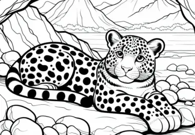 Leo­pard in einer Berglandschaft: Mal­vor­lage zum Herunterladen (Gratis)