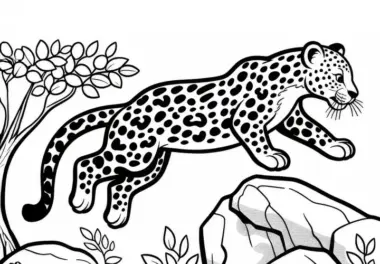 Leopard springt auf Felsen: Malvorlage zum Download (Kostenlos)