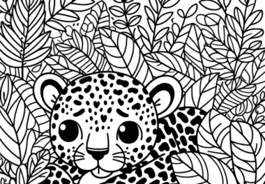 Leopard versteckt sich im Laub: Gratis Ausmalbild