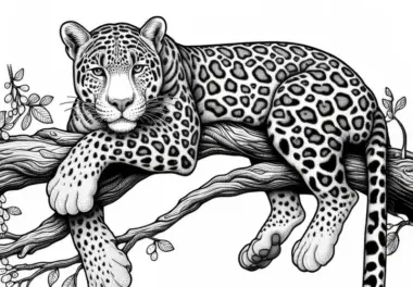 Leopard auf einem Ast: Detailreiche Malvorlage (Gratis)