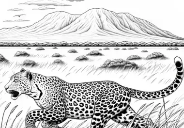 Leopard jagt durch Savanne: Detailreiche Malvorlage (Kostenlos)