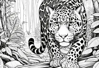 Leopard im Dschungel und späht nach Beute: Gratis Ausmalbild