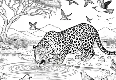 Leopard trinkt an Wasserloch: Detailreiche Malvorlage (Gratis)