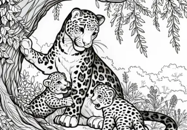 Leopardin mit ihren Jungen unter einem Baum: Detailreiche Malvorlage (Kostenlos)