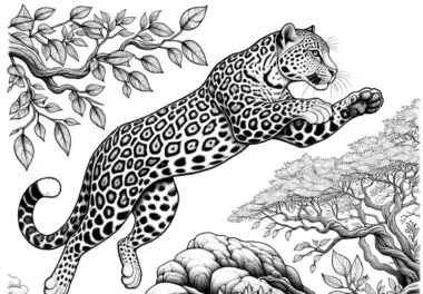 Leopard im Sprung: Malvorlage zum Herunterladen (Gratis)