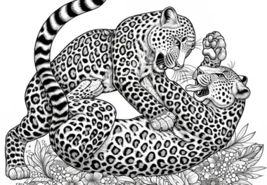 Zwei Leoparden im Kampf: Ausmalbild zum Download (Kostenlos)